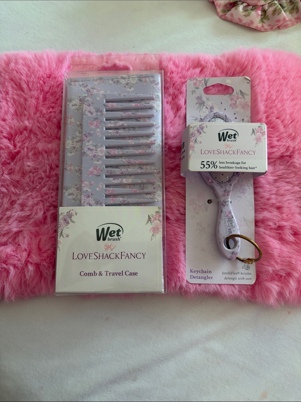 LoveShackFancy Pink Floral Keychain Detangler brush & Comb Set